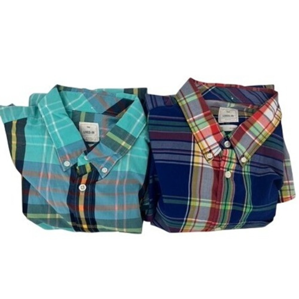 Gap Lived-In Plaid Shirts Men XL Multi Turquoise 2 Pack Lot Button Down